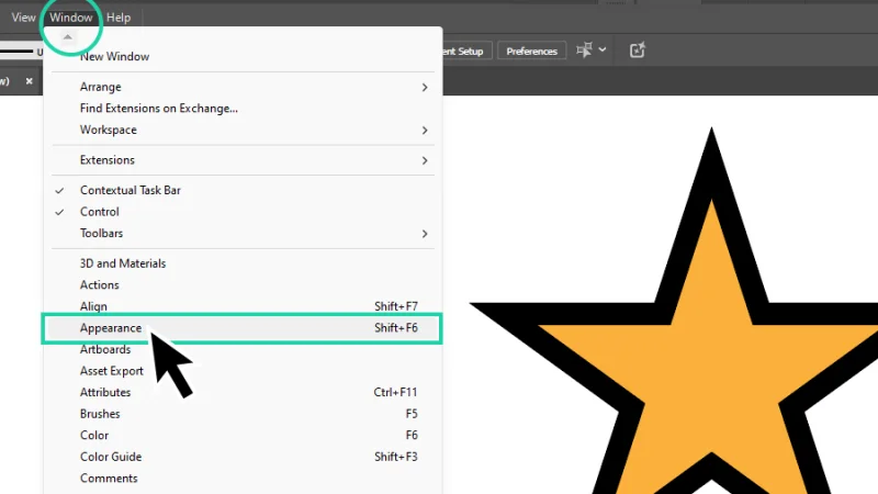 accessing the appearance panel from the window menu in illustrator