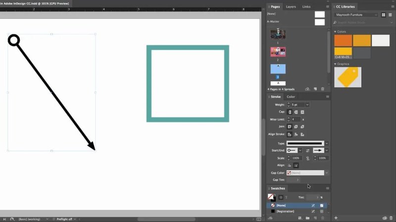 InDesign workspace showing a diagonal line with a circular start and arrowhead end next to a teal square frame, with the Stroke panel open.