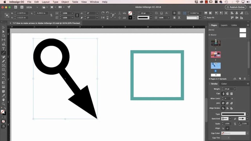 InDesign layout displaying a thick 23 pt stroke with an oversized circle end and scaled arrowhead pointing toward the corner of a teal frame.