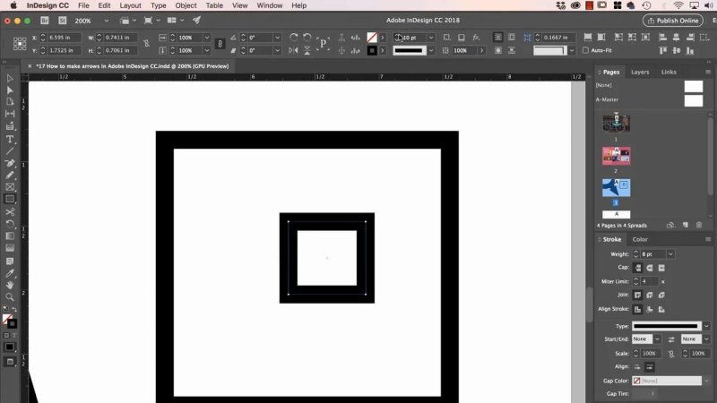 InDesign document zoomed into two nested black square outlines, with Stroke weight and corner alignment settings visible in the panel.