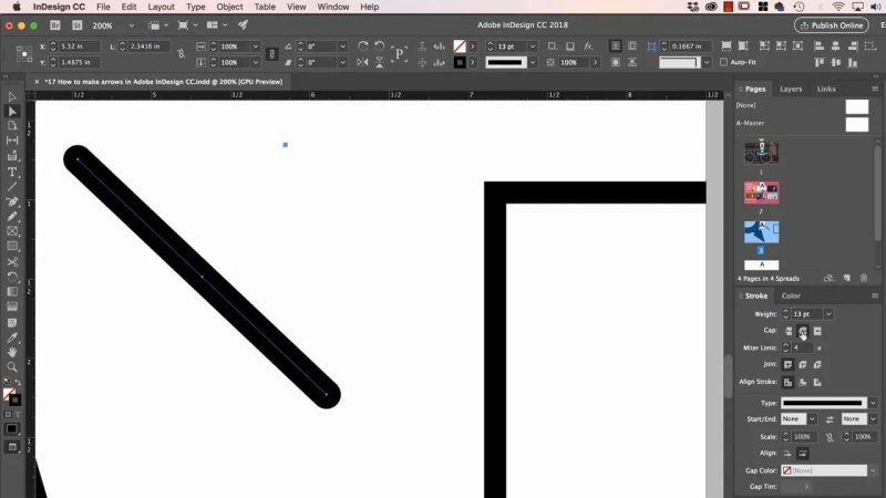InDesign canvas showing a close-up of a 13 pt diagonal path with a rounded cap style applied alongside the border of a black square frame.