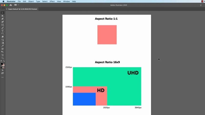 Illustrator diagram comparing a 1:1 square aspect ratio box to 16:9 widescreen formats.