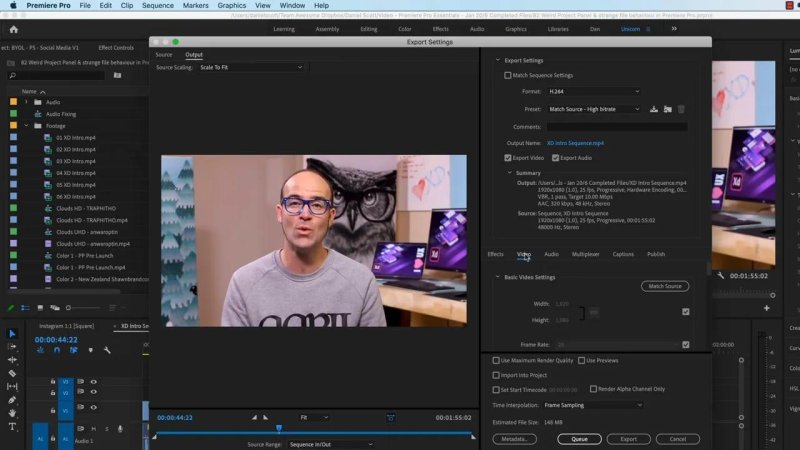 Premiere Pro Export Settings dialog box displaying an H.264 video preview alongside timeline tabs for both a 16:9 sequence and a square 1:1 Instagram sequence.