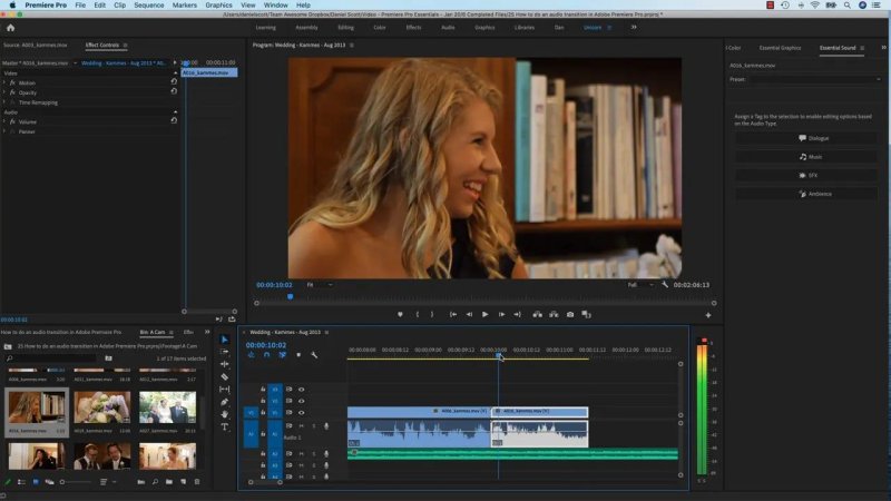 Premiere Pro workspace positioning the playhead over an audio edit point on track A1 between two dialogue clips, with the Essential Sound panel open.