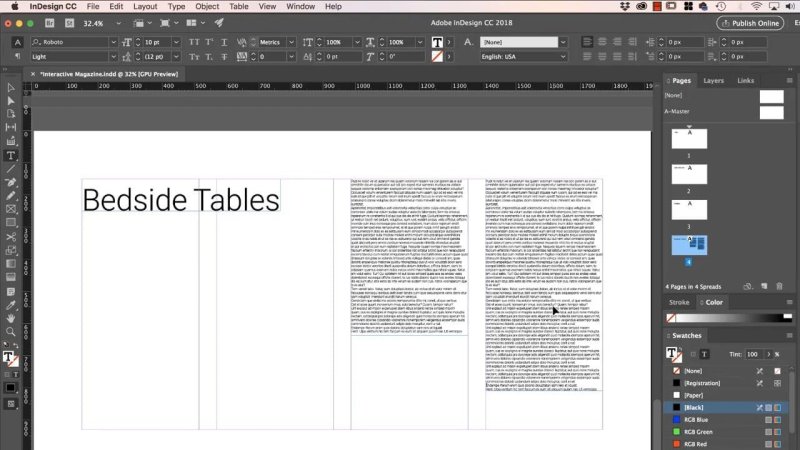 InDesign layout showing an auto-expanded two-column text frame filled with body copy underneath the 