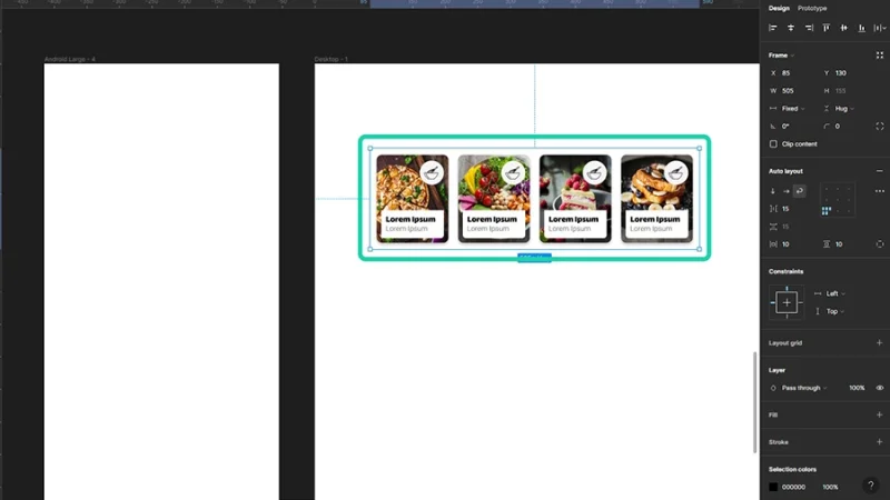 UI cards inside an horizontal oriented auto layout frame in figma