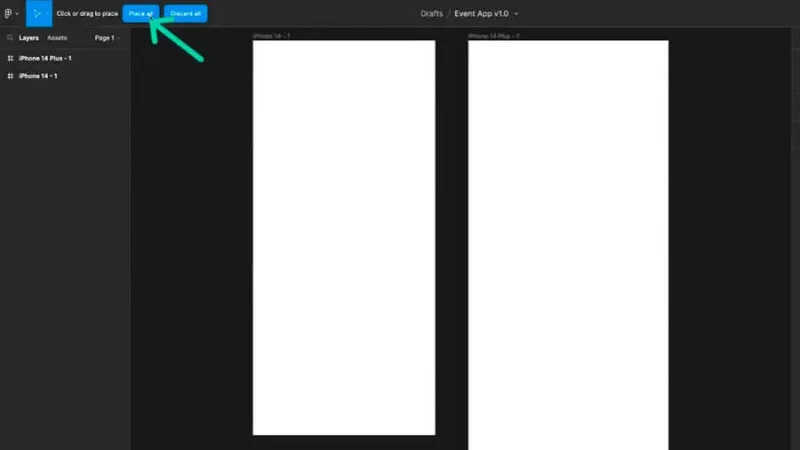 Place all action highlighted in frame over two figma frames