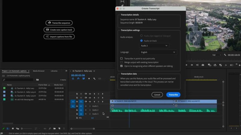 Premiere Pro workspace showing the Create Transcript popup dialog set to English on Audio 2 with 