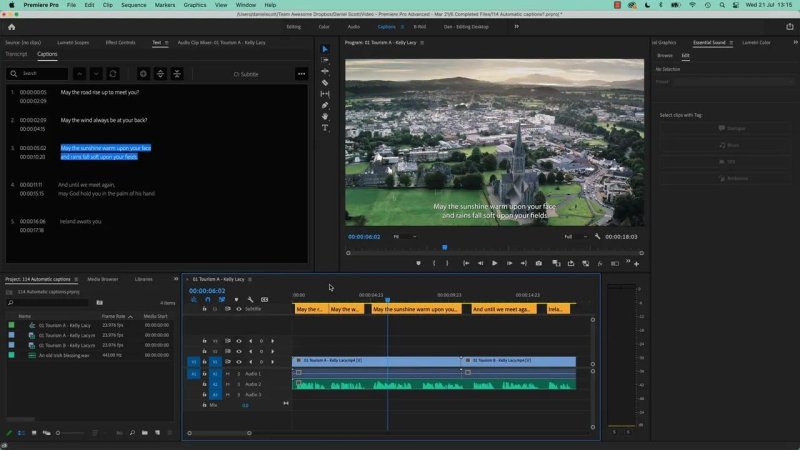 Premiere Pro interface displaying the Captions tab in the Text panel with synchronized dialogue lines, matched to an orange Subtitle track on the timeline and white subtitle text centered over an aerial landscape.