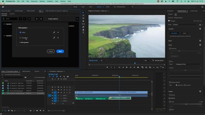 Premiere Pro Text panel showing the Edit speakers modal window with Speaker 1 renamed to Kathy and Speaker 2 selected, set against a coastline cliffs preview in the Program Monitor.