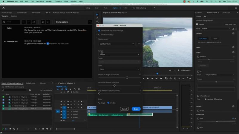 Premiere Pro window displaying the Create Captions dialog box open over a transcript labeled with Kathy and Dan, showing configuration options for Caption preset, character count, and line styling.