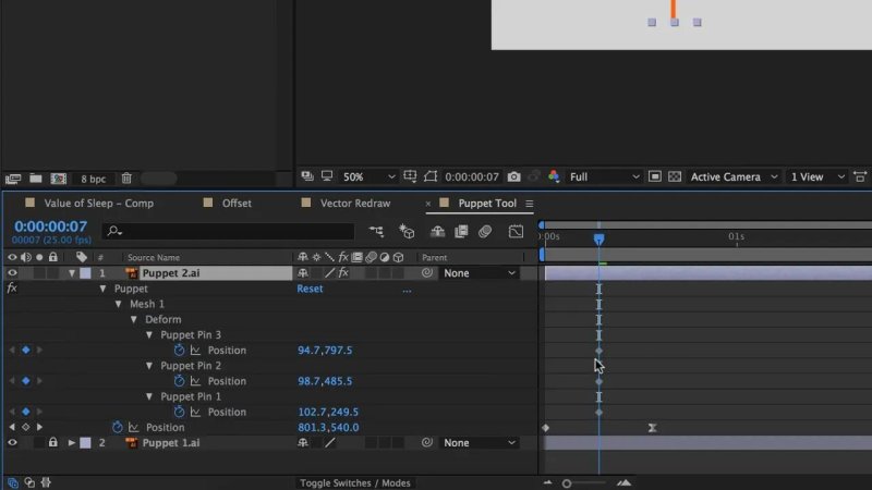 After Effects timeline zoomed to frame 0:00:00:07, displaying keyframes set for Puppet Pin 1, Puppet Pin 2, and Puppet Pin 3