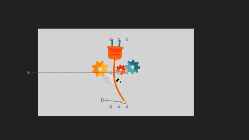 Minimalist vector animation scene in After Effects showing an orange electrical plug with a curved orange cord, surrounded by colorful gears and yellow anchor pins being manipulated by the Puppet tool cursor