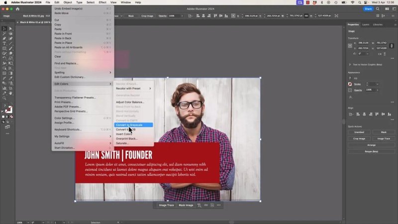 Adobe Illustrator 2024 Edit menu open to Edit Colors and selecting Convert to Grayscale to modify a placed color corporate headshot layout.