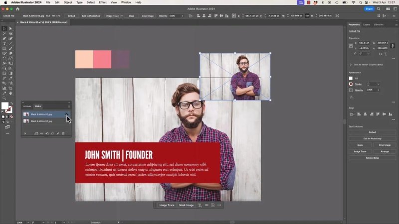 Adobe Illustrator Links panel with a cursor selecting a placed JPEG image and clicking the Edit in Photoshop button to initiate cross-software adjustments.