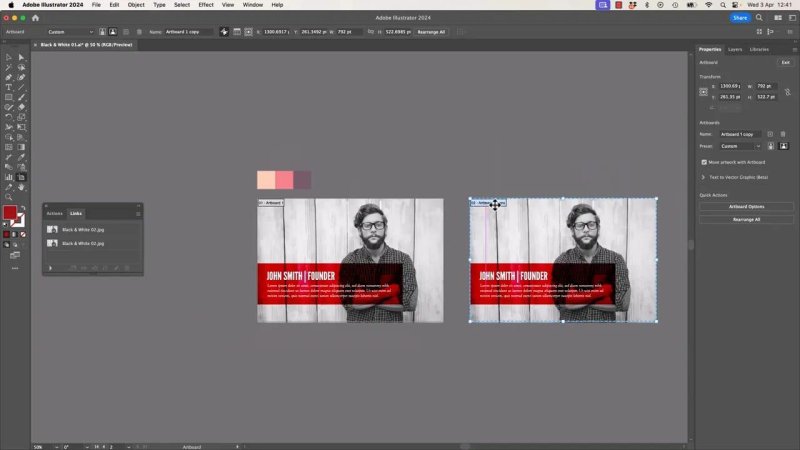 Adobe Illustrator interface showing two adjacent artboards during a duplication process, copying the entire corporate banner layout for design variation testing.