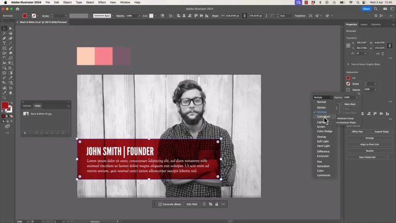 Adobe Illustrator workspace with the Transparency panel dropdown menu set to Multiply, applying a rich color overlay to a red banner across the grayscale portrait.