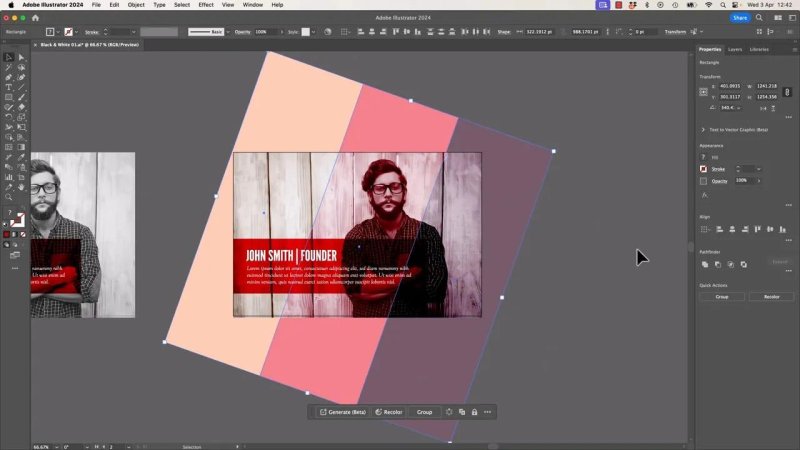 Adobe Illustrator artboard showing a rotated color block vector graphic positioned over the portrait layout to test a dynamic geometric framing variation.