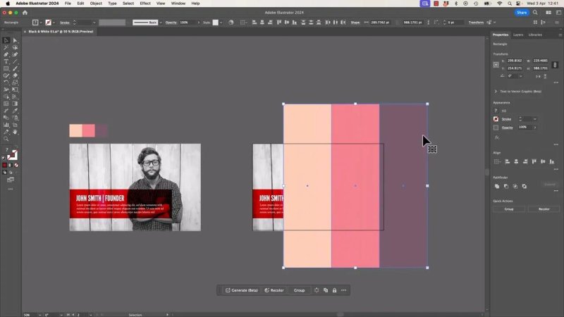 Adobe Illustrator 2024 workspace with a selected three-color rectangle block aligned over a layout, showing an exploration of alternative abstract background treatments.