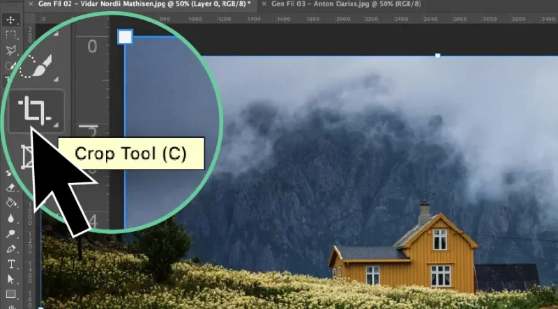 A black arrow points at a button in Photoshop.