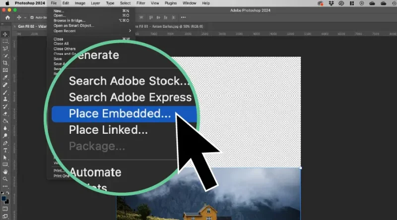 A black arrow points to a menu item in Photoshop.