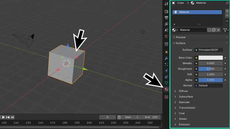 3d cube and material tab settings highlighted in the properties panel in blender