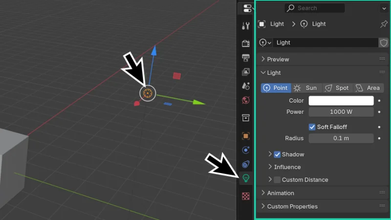 light object and light settings highlighted in the data tab of the properties panel in blender