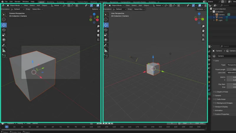split screen view of the 3d viewport in blender