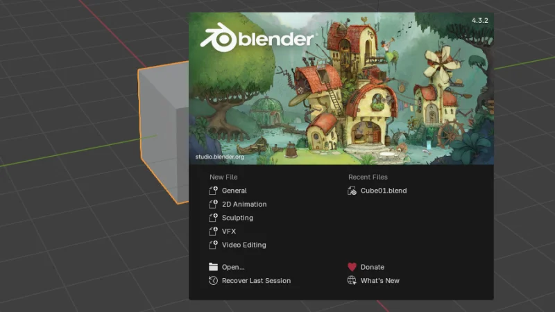 blender splash page with file options and illustrated hero image