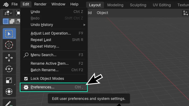 preferences option highlighted from the edit menu in blender