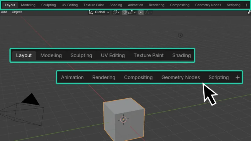 workspace categories highlighted from top bar in blender