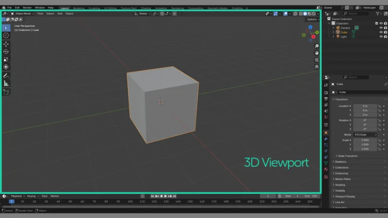 3D viewport full view with basic 3d cube placed in environment in blender