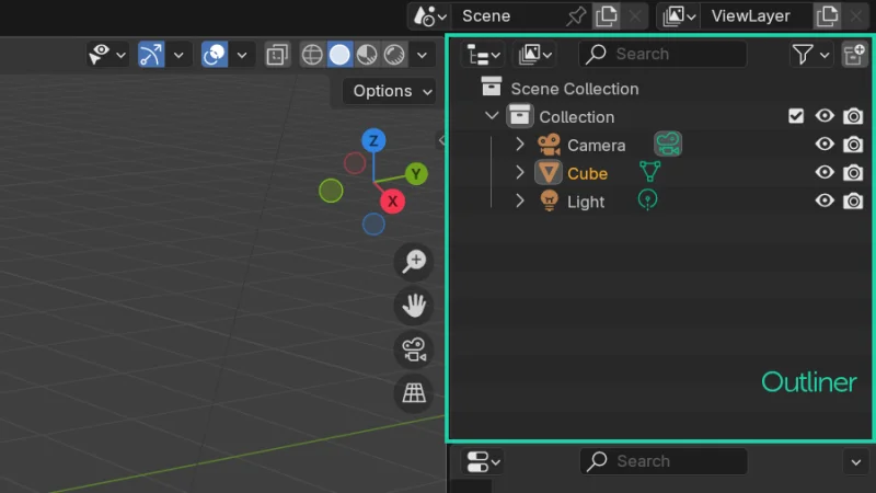 detail of a scene collection in the outliner panel in blender