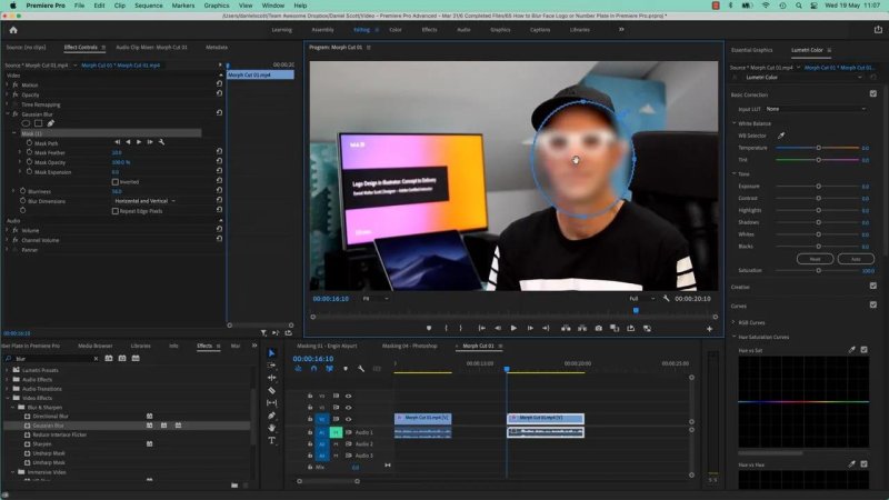 Premiere Pro workspace showing Daniel Walter Scott with an elliptical Gaussian Blur mask obscuring his face in the Program Monitor, with mask settings displayed in Effect Controls.