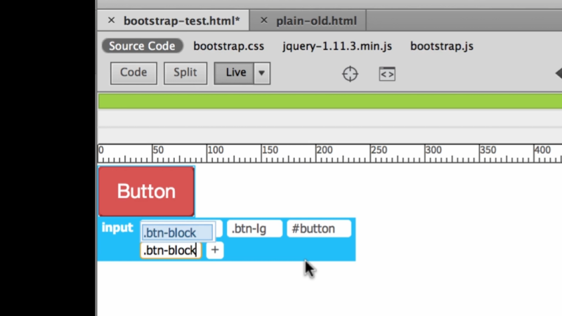 Dreamweaver Live View interface showing a red styled button with an active blue tag selector popover, typing .btn-block into the class list alongside .btn-lg and #button.