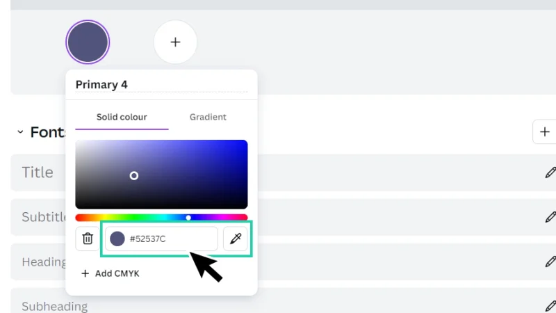 adding a primary color to brand kit in canva using a hexadecimal code