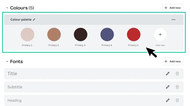 a set of five primary brand colors inside a customized color palette box in Canva