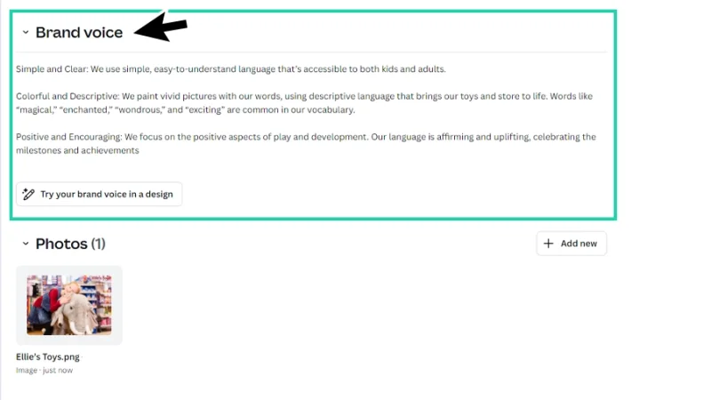 setting up brand voice description for a brand kit in canva