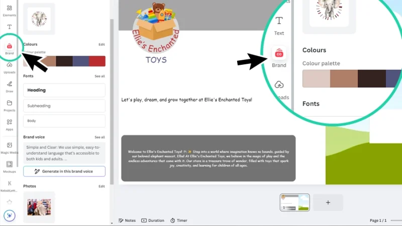 opening the Brand templates panel on a presentation page in canva
