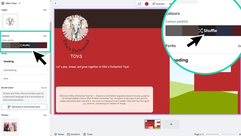 shuffle brand kit color action highlighted in canva