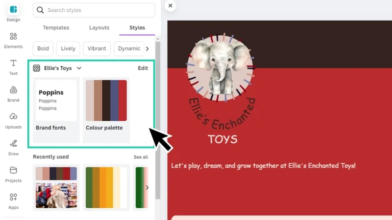 Brand kit font and color assets highlighted inside the design styles panel in canva
