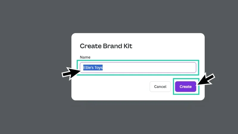 adding a name to a new project on the create brand kit window in canva