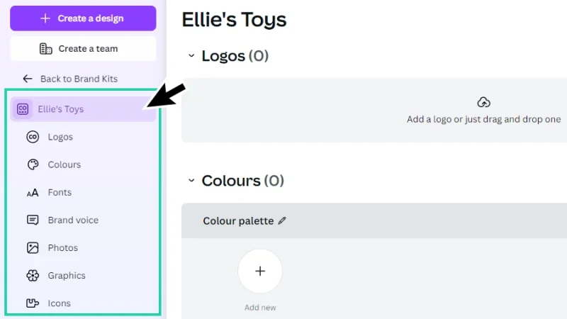 brand kit element categories displayed in canva