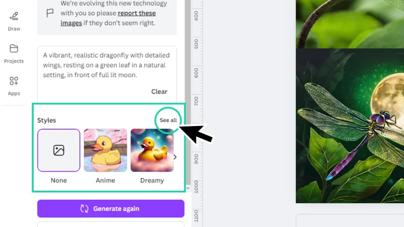 expanding the magic media styles section with the see all action in canva