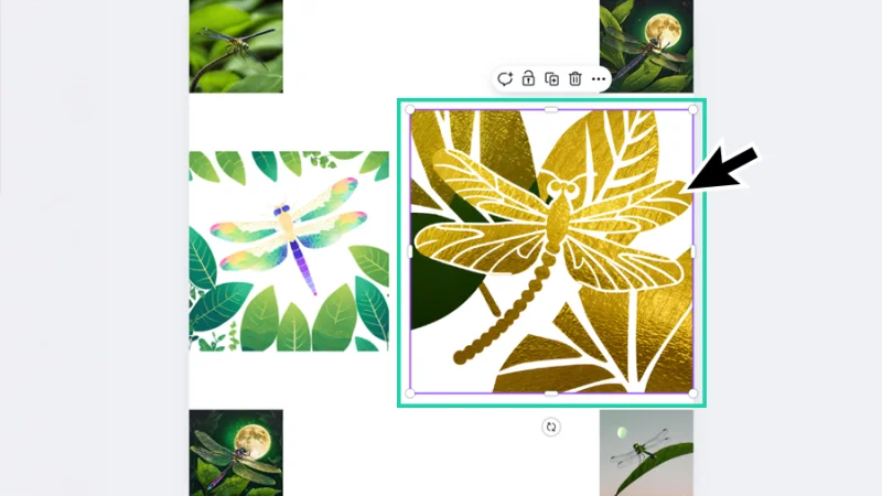 ai generated vector graphic of a golden dragonfly fit into a page composition in canva