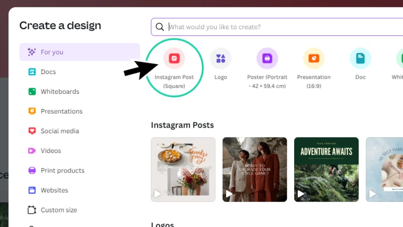 creating a new blank instagram post in canva
