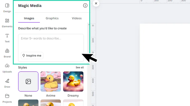 prompt box highlighted inside the magic media panel in canva