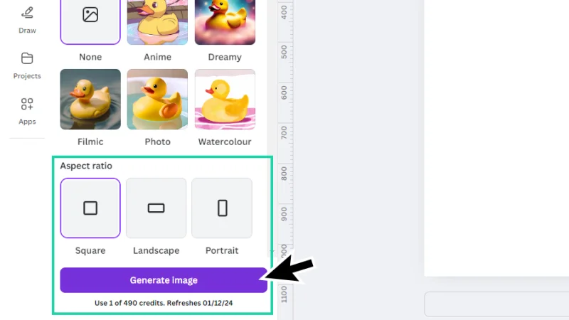 aspect ratio options and generate image button highlighted in canva