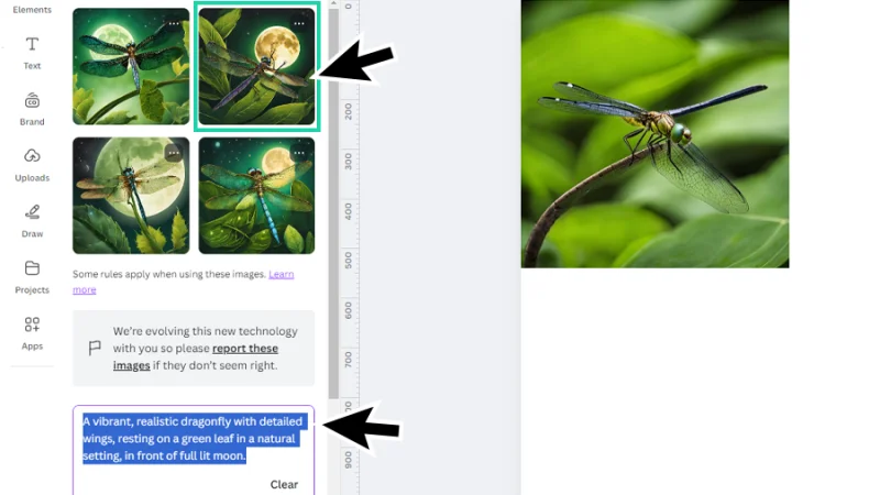 text prompt for magic media and four thumbnail samples of generated images in canva