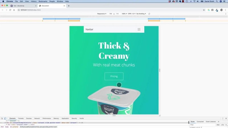 Google Chrome browser window rendering a teal mobile landing page with a collapsed navbar, centered headline, a Pricing button, and a yogurt tub illustration above open DevTools panels.